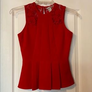 H&M Red Pleated Lace Sleeveless Blouse